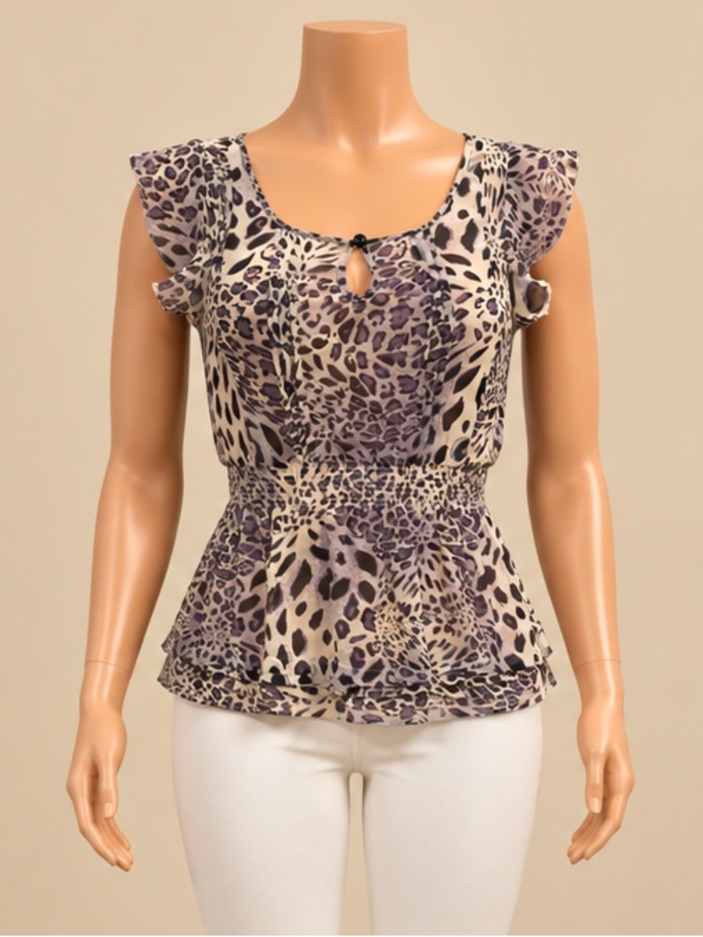 Vintage Charlotte Russe Y2K Sheer Animal Print Smocked Peplum Top XS